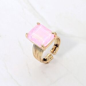 Opal Pink Emerald Cut Crystal Adjustable Ring Fashion Statement Jewelry